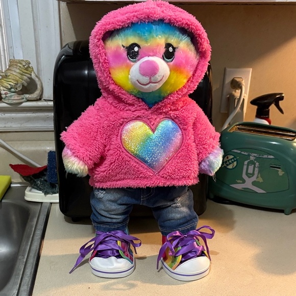 Build a bear Rainbow Plush Bear with Pink Heart Hoodie - Picture 5 of 7